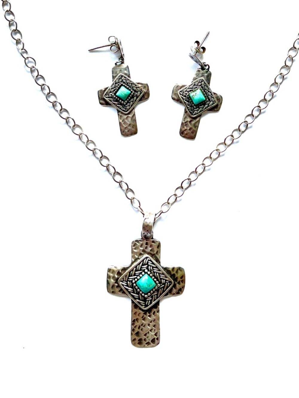 BARSE 925 Sterling Silver Turquoise Hammered Texture Cross Necklace Earrings Set